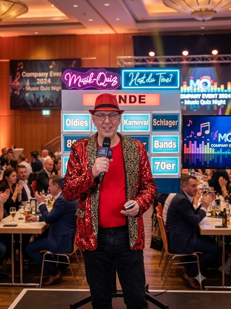 Marcus Stroph moderiert mit Mikrofon ein Firmen-Musikquiz vor applaudierendem Publikum