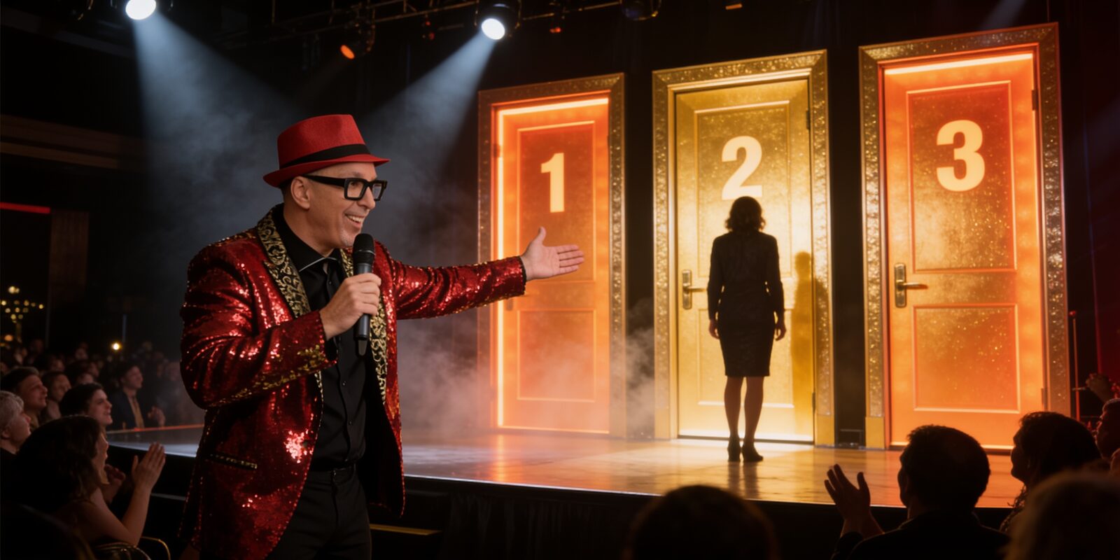 Drei leuchtende Show-Tore mit den Nummern 1, 2 und 3, davor Marcus Stroph mit Mikrofon