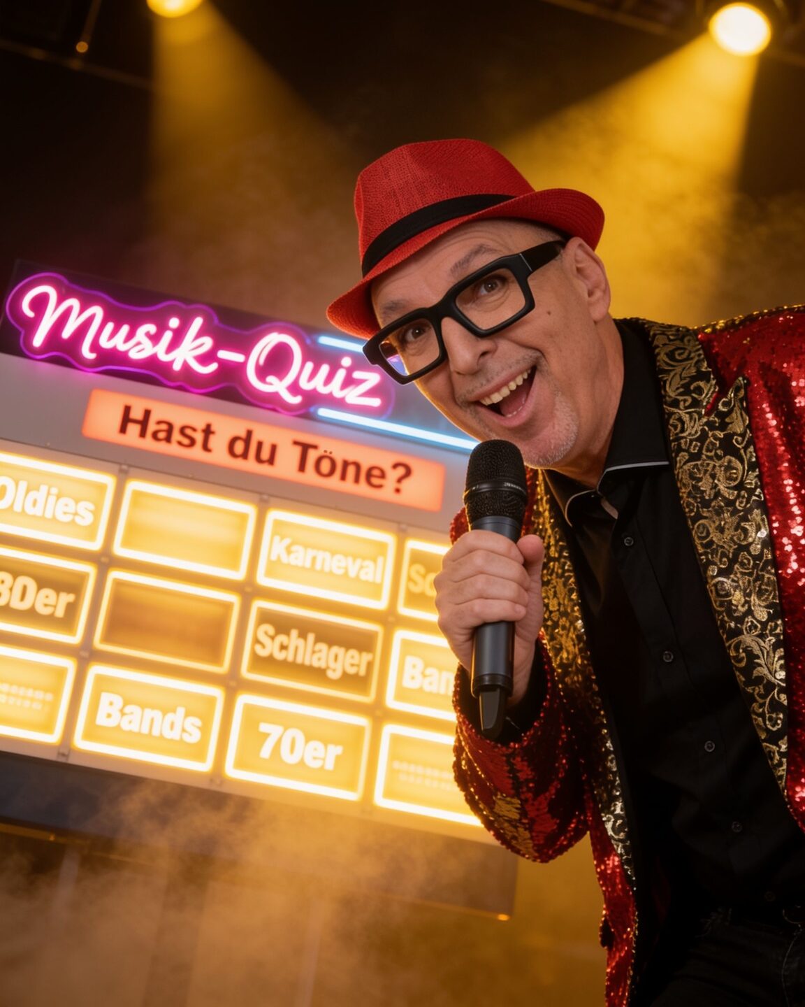 Marcus Stroph mit Mikrofon mitten in der Pointe, dahinter seine leuchtende Musik-Quiz-Anzeigetafel
